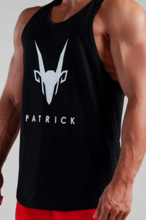Black performance tank top with white graphic logo and Patrick text