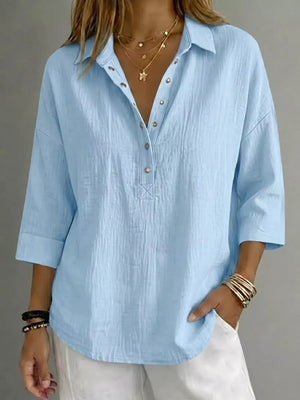 Full Size Snap Down 3/4 Sleeve Blouse Plus Size, close-up detail
