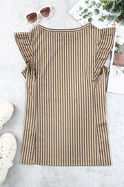 Khaki striped cap sleeve top with ruffled details