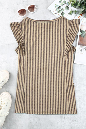 Khaki striped cap sleeve top with ruffled details