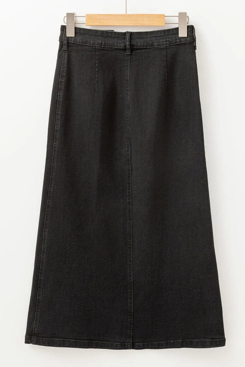 Black denim midi skirt with button front and slit detail