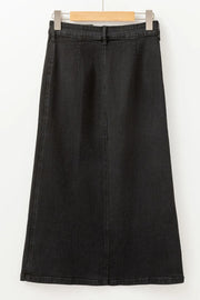 Black denim midi skirt with button front and slit detail