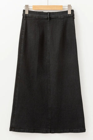 Black denim midi skirt with button front and slit detail