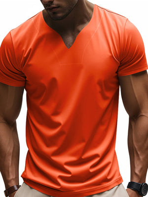 Men's orange cotton t-shirt with notched V-neck and short sleeves