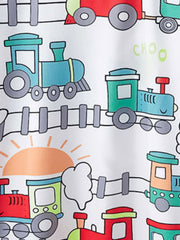 Toddler t-shirt with a playful all-over train print and sun graphic.