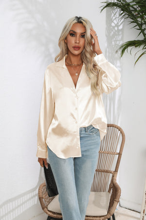 Glossy satin button-down blouse in tan with a relaxed fit and collared neckline.