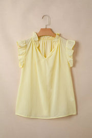 Yellow cotton blend V-neck shirt with ruffled cap sleeves and neckline