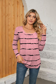 Pink striped long sleeve blouse with gathered square neck