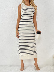 Striped ribbed sleeveless midi dress in cream with black stripes and a crew neck.