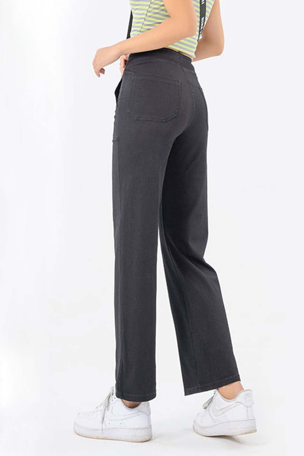 Dark utility pocket straight leg denim jeans with back pockets.