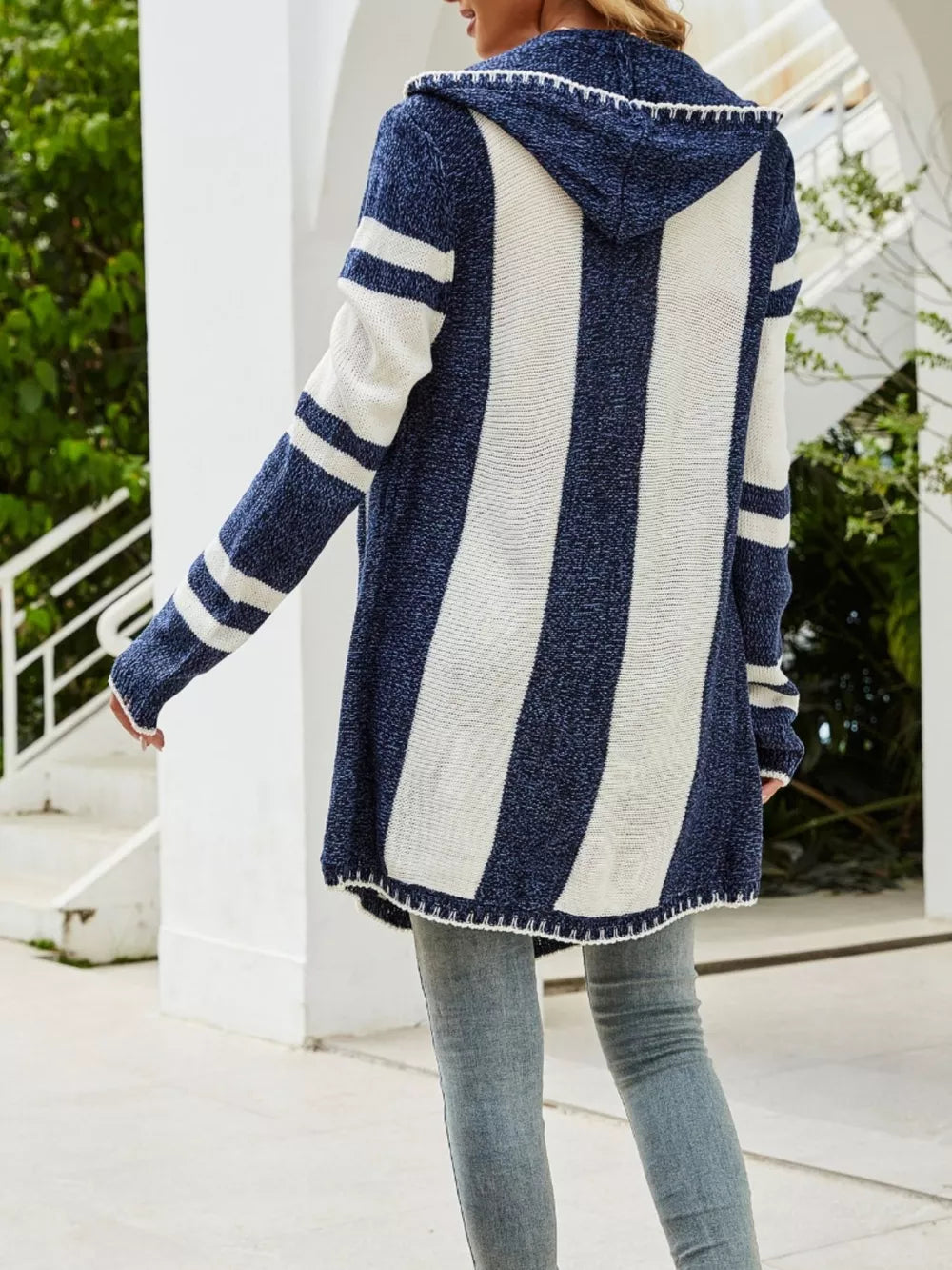 Striped Hooded Open Front Cardigan in Dusty Blue, close-up detail