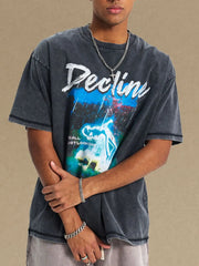 GraphiSleeve crew neck t-shirt in black with acid wash and graphic print.