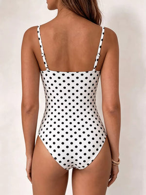 Polka Dot Cowl Neck Spaghetti Strap Bodysuit in White, model styling view