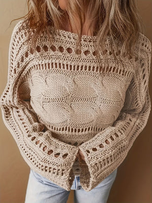 Tan cable knit jumper with cut-out detail and boat neckline