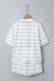White striped half sleeve tee and shorts set with drawstring detail.