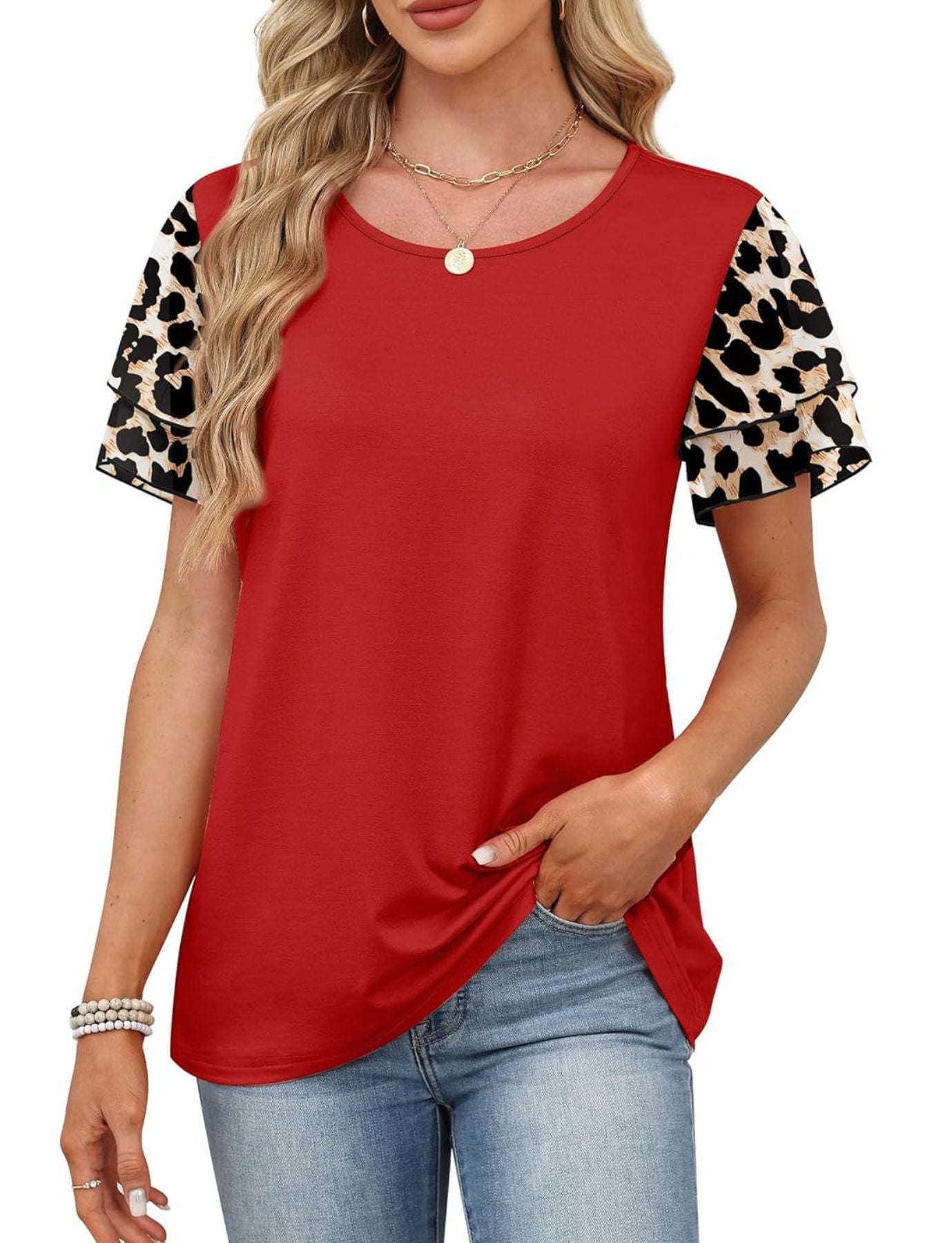 Red t-shirt with layered ruffled short sleeves in animal print.
