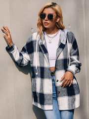 Oversized plaid shacket with hood in navy and white, featuring a casual, relaxed fit.