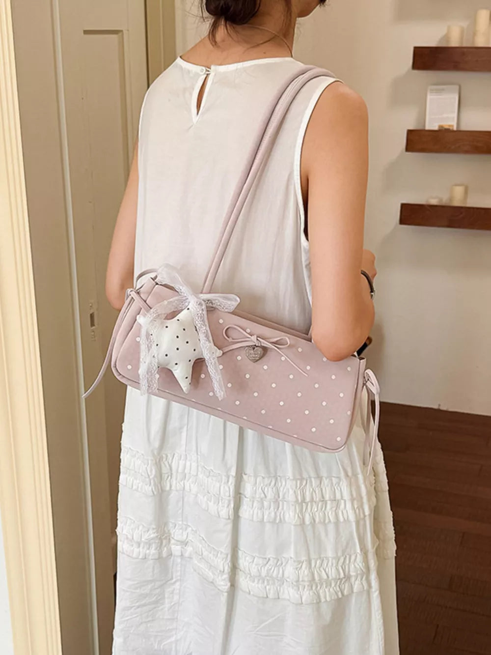 Polka Dot Shoulder Bag in Blush Pink, back view
