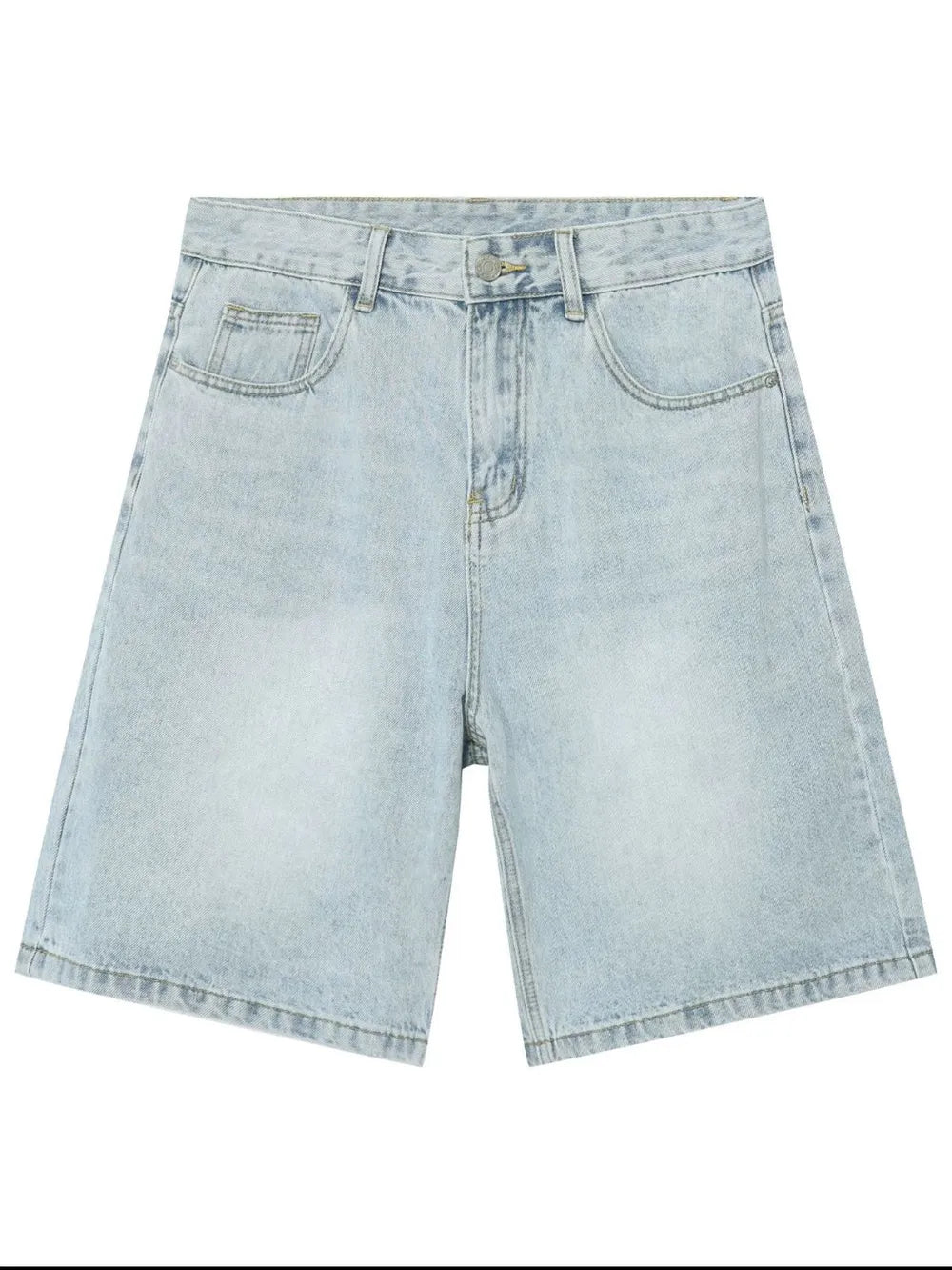 Baggy light blue denim bermuda shorts with a washed effect and button fly.