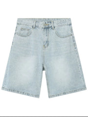 Baggy light blue denim bermuda shorts with a washed effect and button fly.