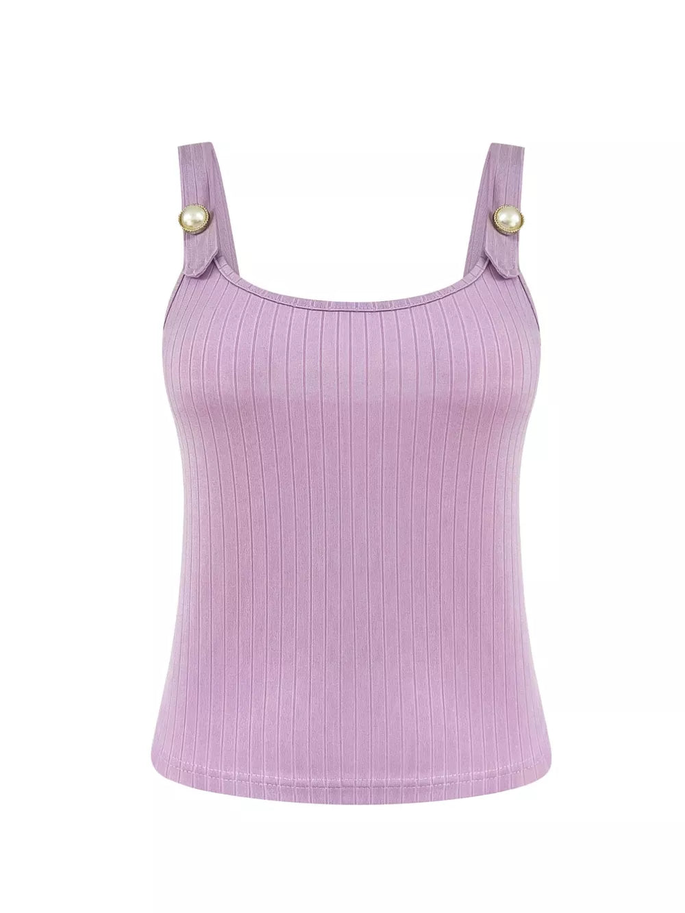 Lilac ribbed scoop tank top with pearl-embellished straps
