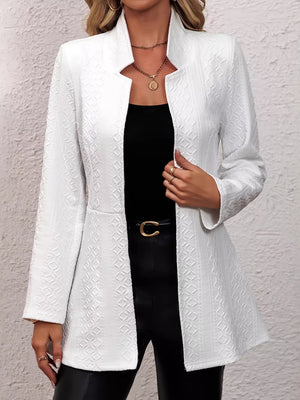 White textured slim fit open blazer with a stand collar and long sleeves.