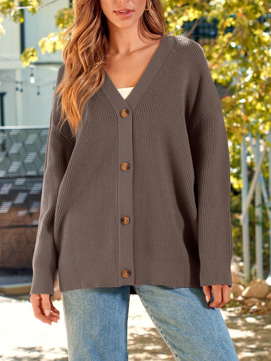 Oversized ribbed knit button-down cardigan in Coffee Brown with V-neck and wooden buttons.