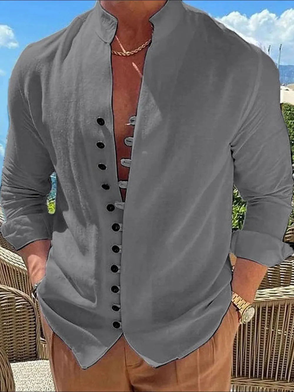 Dark Gray linen shirt with mandarin collar and button placket, long sleeves