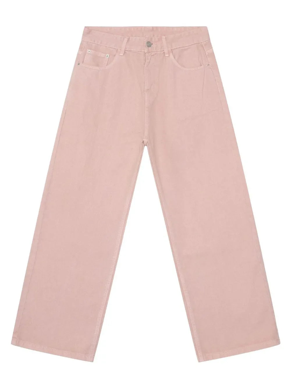 Flowing fit blush pink 100% cotton jeans with a casual straight leg cut.
