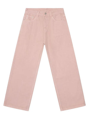Flowing fit blush pink 100% cotton jeans with a casual straight leg cut.