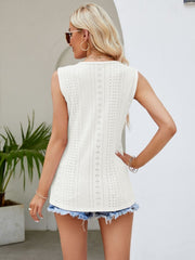 White scalloped eyelet tank top with center lace detail, 100% polyester
