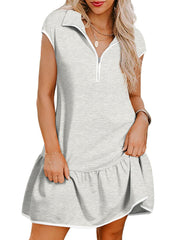 Light gray zip front cap sleeve ruffle dress with white trim