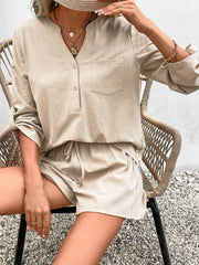 Tan linen henley shirt with pocket and drawstring shorts set