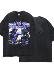 Black graphic tee with half sleeves and a vintage wash, featuring a bold front print.