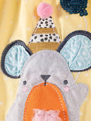 Yellow cotton blend toddler dress with a cartoon mouse applique wearing a party hat and holding a balloon.