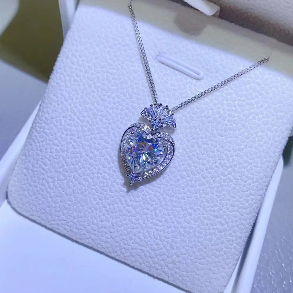Silver moissanite heart halo pendant necklace with certificate