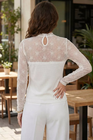 Lace Mesh Long Sleeve Top in White, model styling view