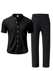 Men's Casual Button-up Short Sleeve Shirt And Pants Set, back view