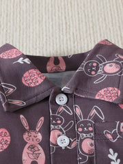 Baby boys' brown cotton shirt with bunny print and button closure