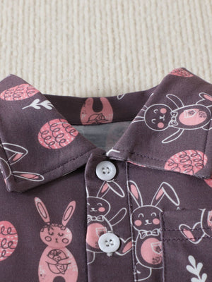 Baby boys' brown cotton shirt with bunny print and button closure