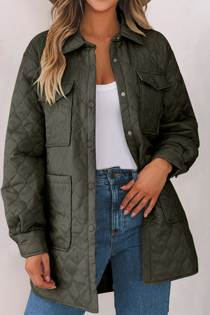 Army green quilted utility jacket with snap buttons and chest pockets.