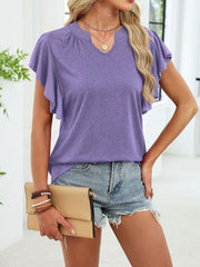 Purple ruffled sleeve notched V-neck tee with a casual, comfortable fit.
