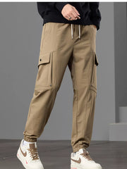 Men S Casual Cargo Pants With Drawstring Waist in Khaki, side view