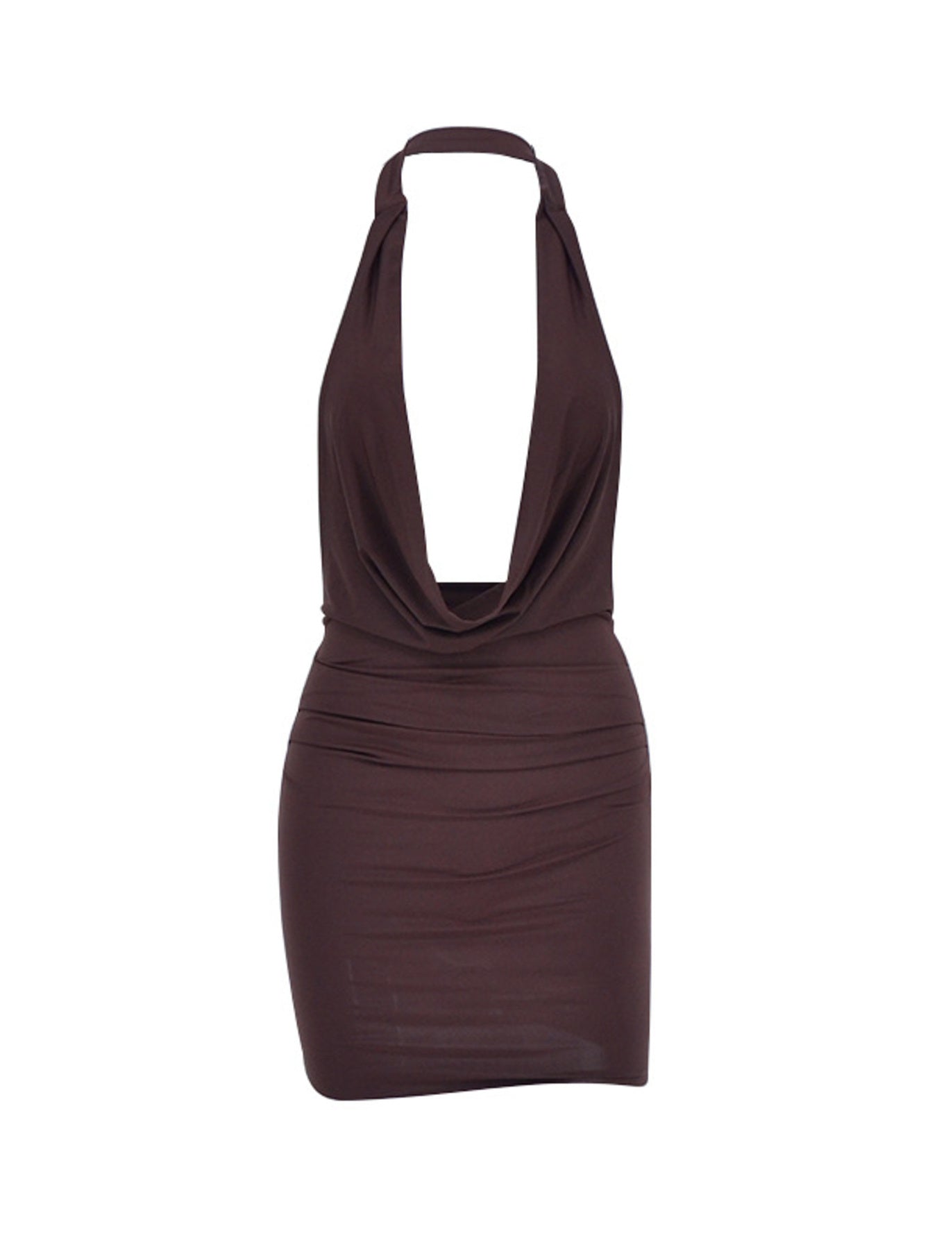 Dark brown ruched cowl neck mini dress with halter straps.