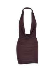Dark brown ruched cowl neck mini dress with halter straps.