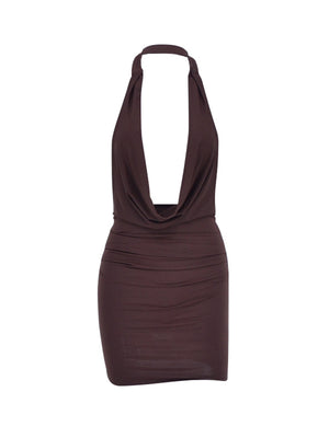 Dark brown ruched cowl neck mini dress with halter straps.