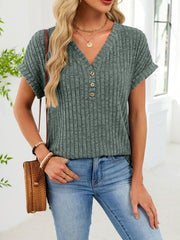 Army green ribbed knit v-neck t-shirt with short sleeves and three button details.