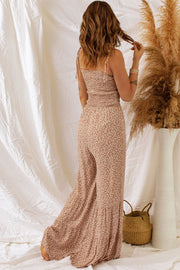Floral smocked jumpsuit in camel with tie straps and wide legs