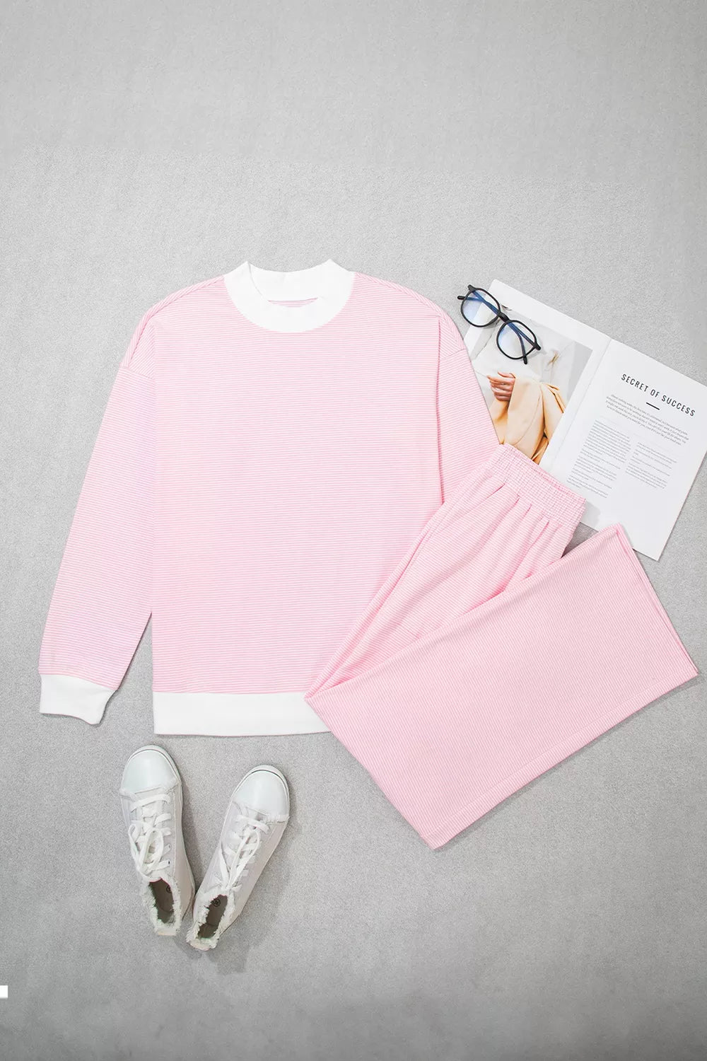 Striped Long Sleeve Top And Pants Set in Blush Pink, alternate angle