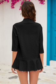 Black perforated peplum sleeve cardigan with 3/4 sleeves and a ruffled hem.